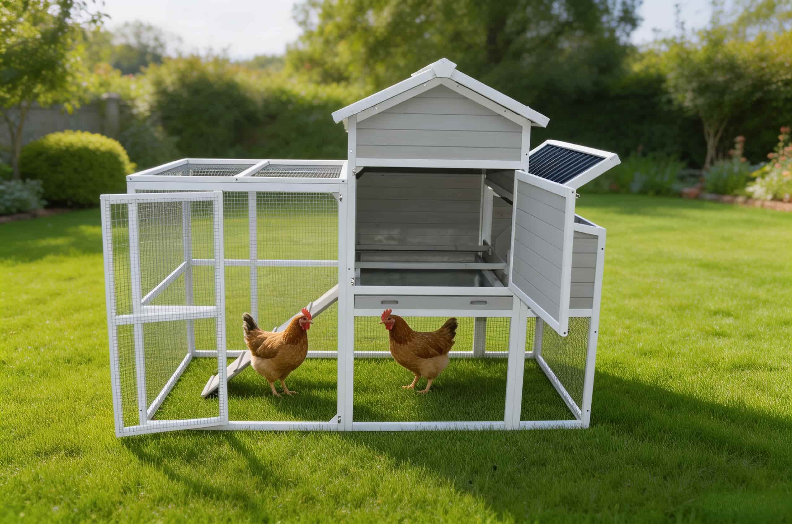 Spacious outdoor chicken coop placed on a green backyard lawn, housing free-range hens in a safe, predator-proof metal wire run area.