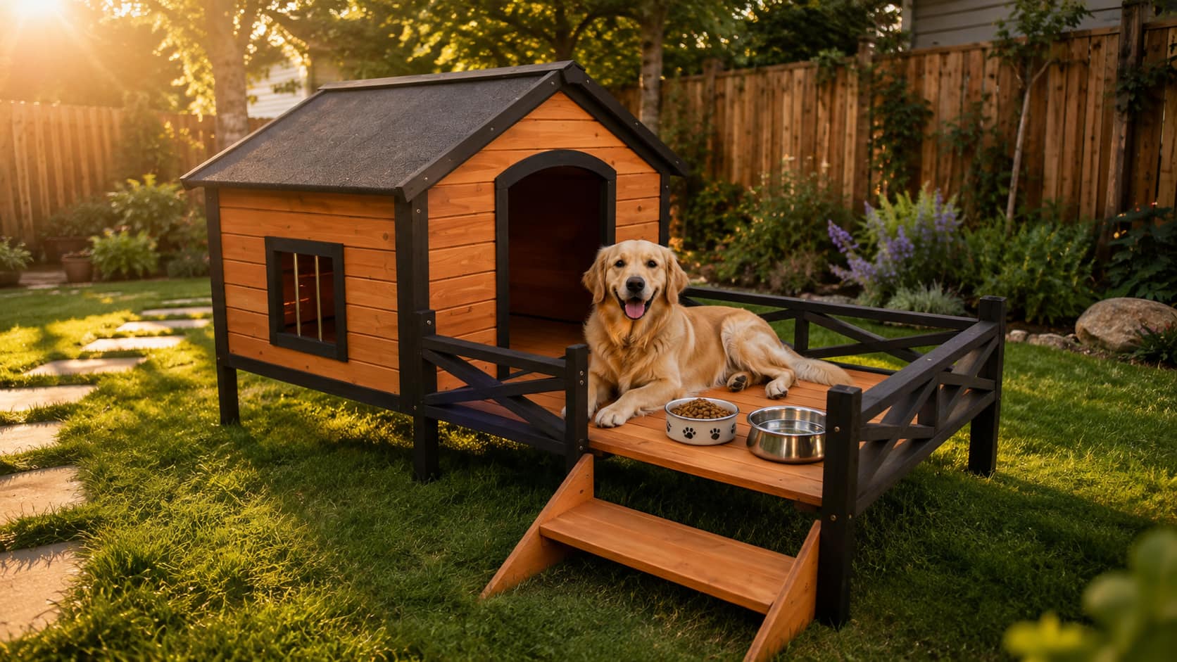Golden Retriever relaxing on the wooden porch of a weatherproof wooden dog house in a sunny backyard.
