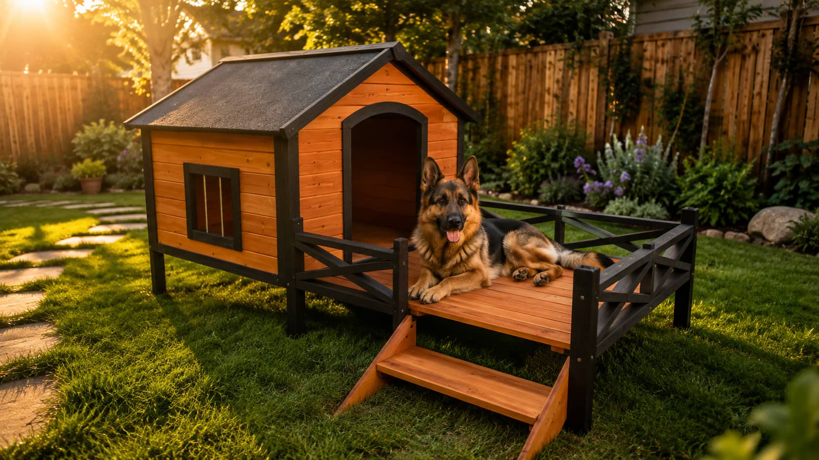German Shepherd lying comfortably on the raised porch of an orange and black wooden outdoor dog kennel.