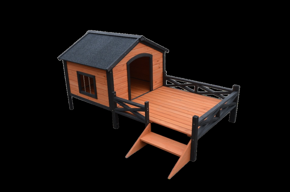 Large wooden dog house with black frame, fenced porch, and access steps isolated on white background.