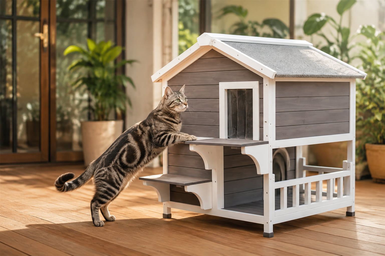 Tabby cat stepping onto the wooden balcony stairs of a weatherproof 2-story cat condo with white railing, placed on a warm indoor patio.