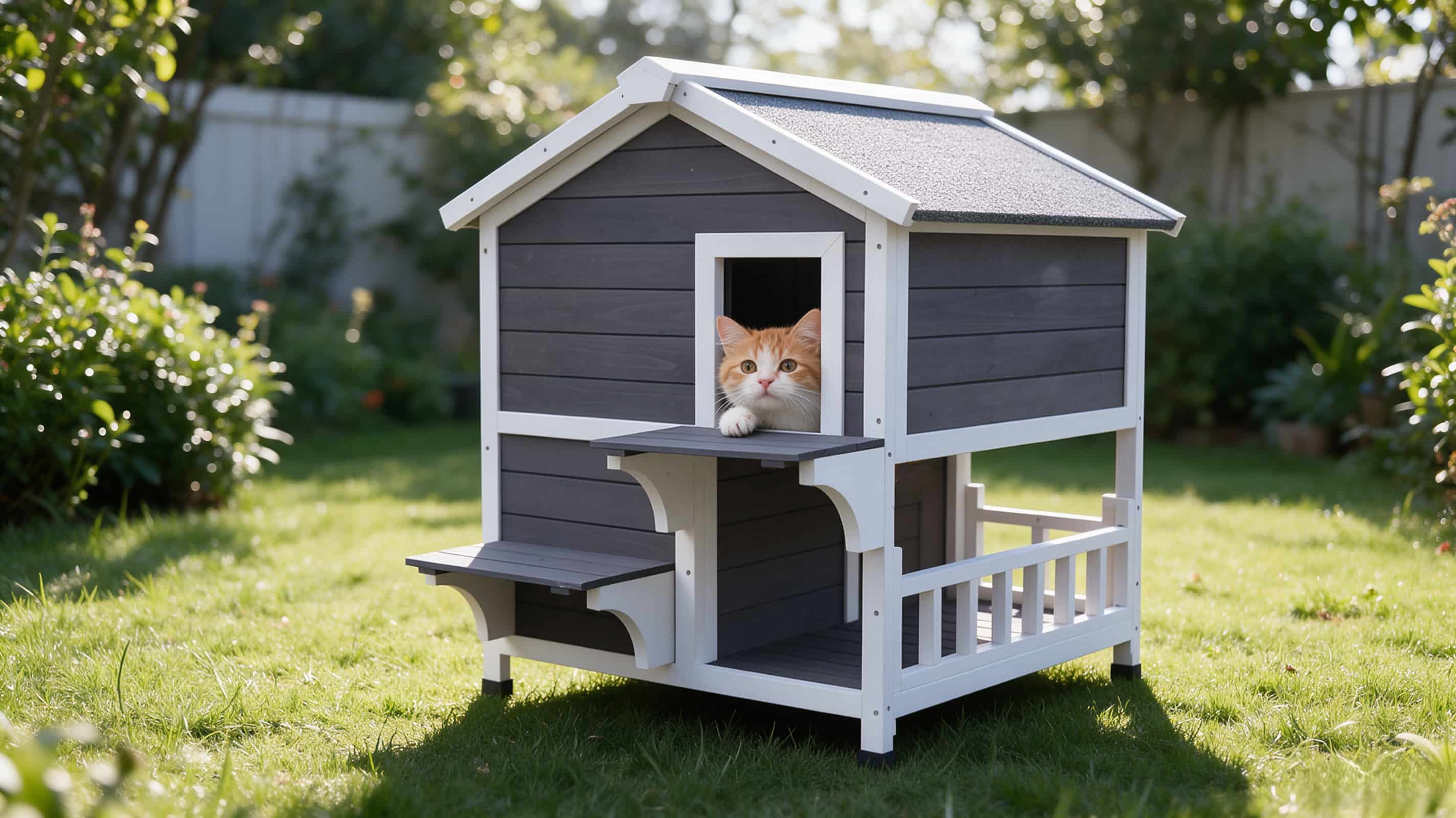 Cute orange cat looking out the window of a premium grey and white 2-story wooden outdoor cat house on a sunny green lawn.