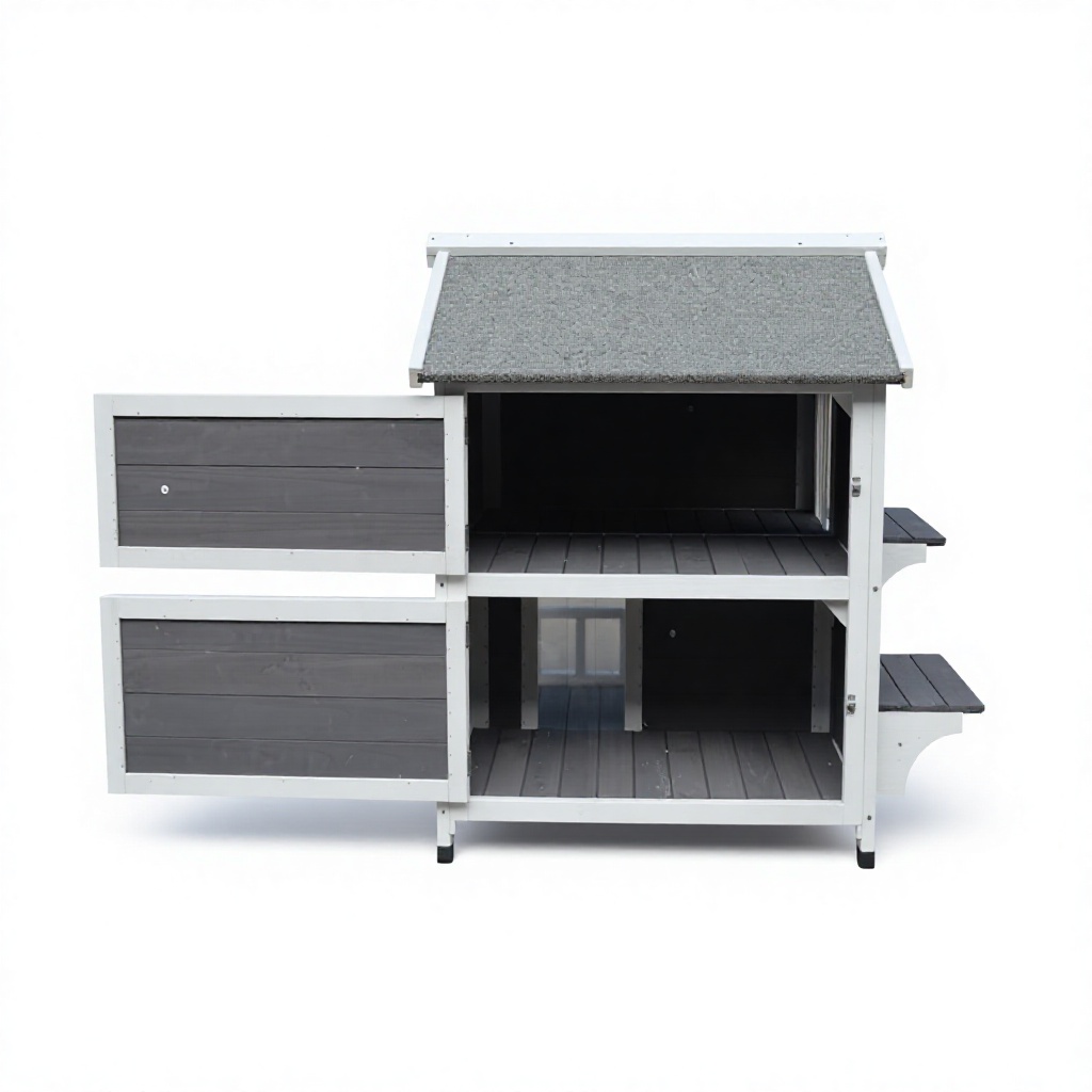 Weatherproof 2-story feral cat shelter with easy-access stairs and a fenced balcony, perfect for backyard outdoor cat protection.