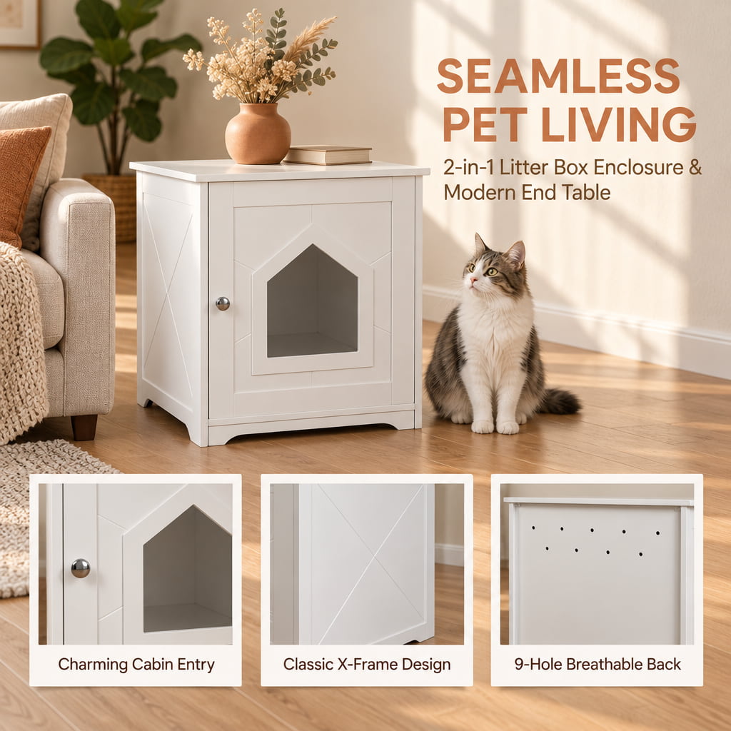 White 2-in-1 cat litter box enclosure and modern end table with charming cabin entry, classic X-frame design, and 9-hole breathable back panel. Includes a cat sitting next to the furniture and three close-up detail shots.