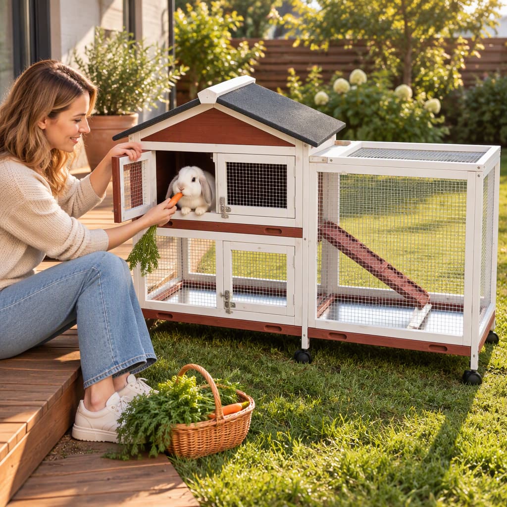 A woman sitting on a wooden deck, opening the wire mesh door of a two-story rabbit hutch to feed a white rabbit a carrot, showing interaction.