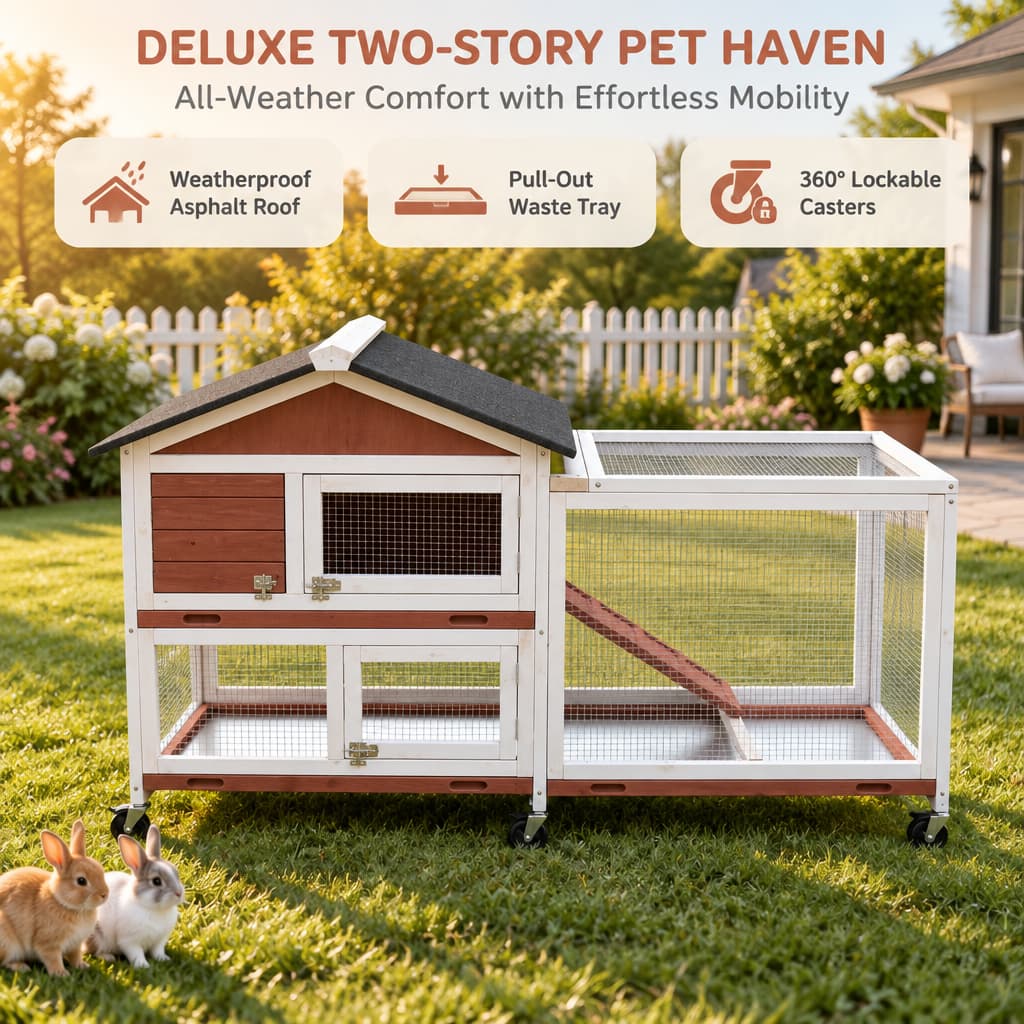 Feature graphic of a deluxe two-story pet cage highlighting the weatherproof asphalt roof, pull-out waste tray, and 360-degree lockable casters.